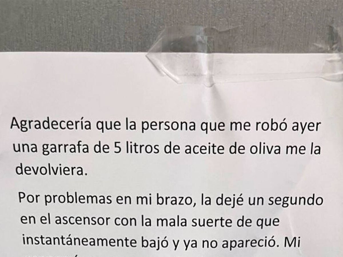 Foto: Sus vecinos le roban una garrafa de aceite y deja una nota en el portal: "Mi economía es muy precaria" (X: @LiosdeVecinos)