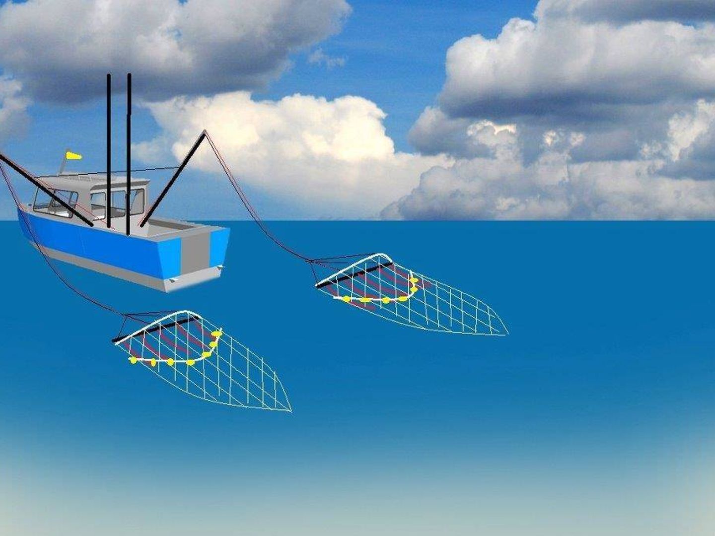 Ilustración de un barco equipado con pulsos eléctricos en las redes.