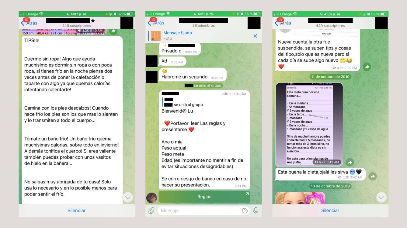 Foto: Conversaciones en los grupos de WhatsApp 'Ana y Mía'. (EC Diseño)