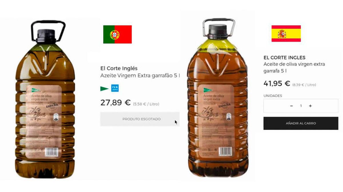 El Corte Inglés vende en Portugal su garrafa de aceite de oliva 14 euros más barata que en España, según Facua