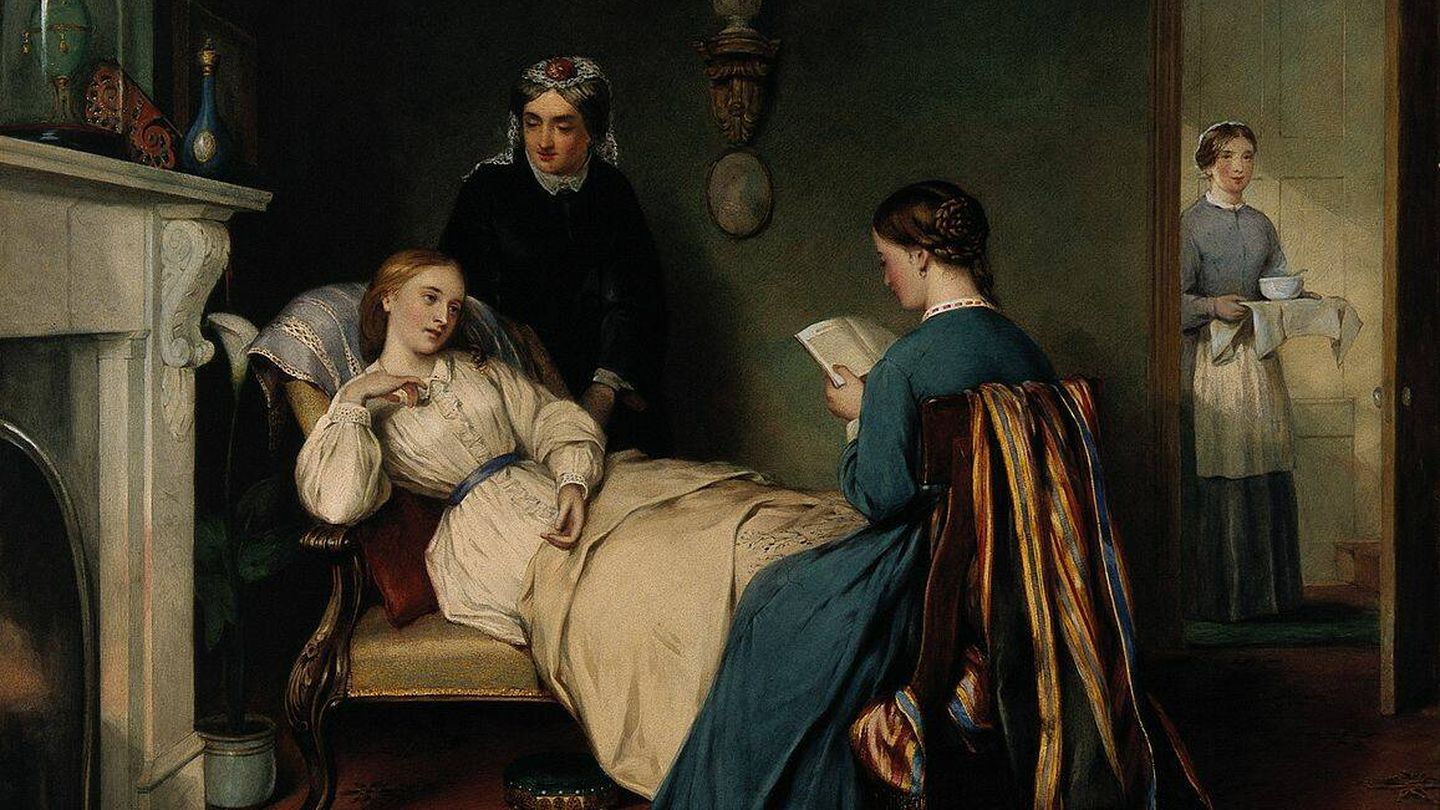 Una chica enferma de tuberculosis reposa mientras su enfermera le lee un libro. (Wikimedia)