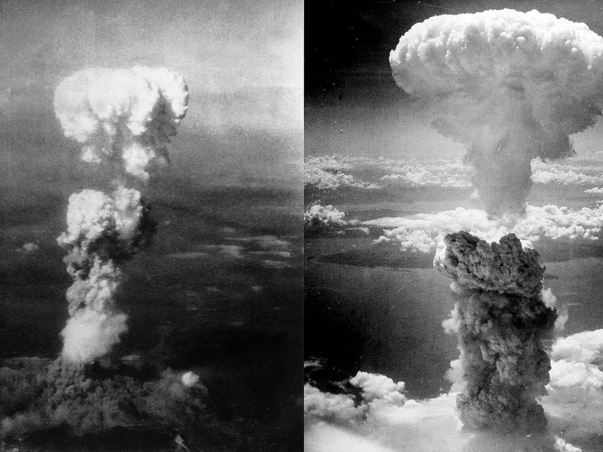 Foto: Las nubes de hongo en Hiroshima (izquierda) y Nagasaki (derecha). (George R. Caron)