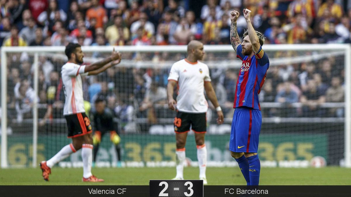 Un gol de penalti de Messi en el descuento resuelve un partido loco en Mestalla