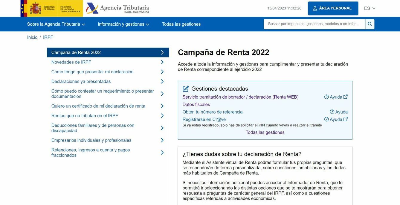 Página oficial de la Campaña de la Renta 2022. (Agencia Tributaria)