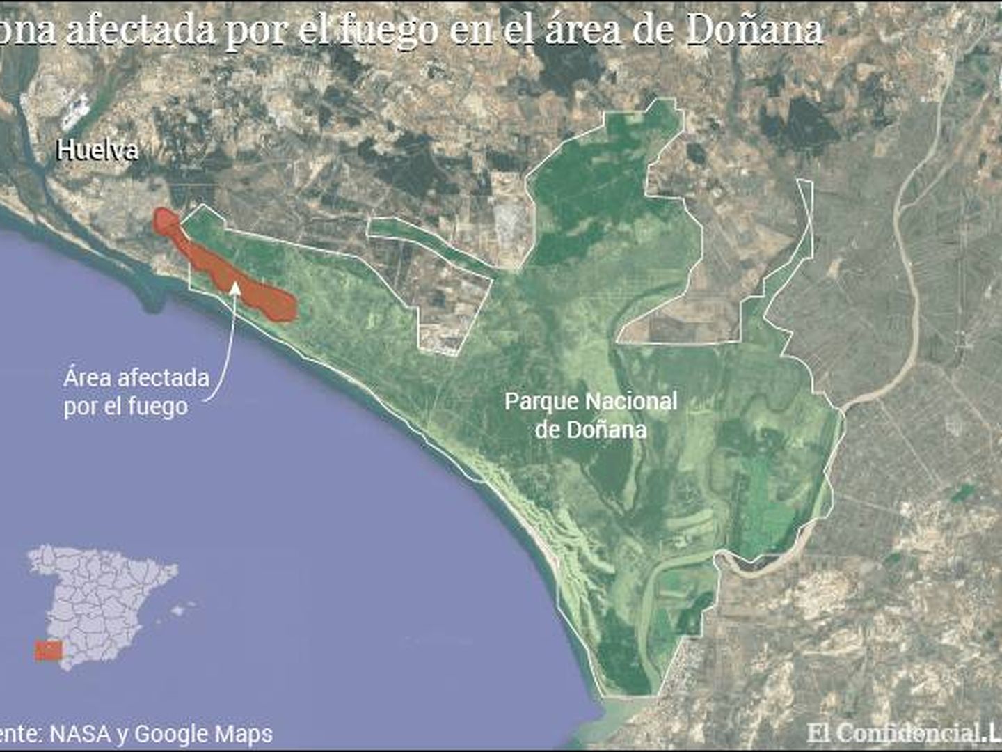 Área afectada por el fuego en Doñana