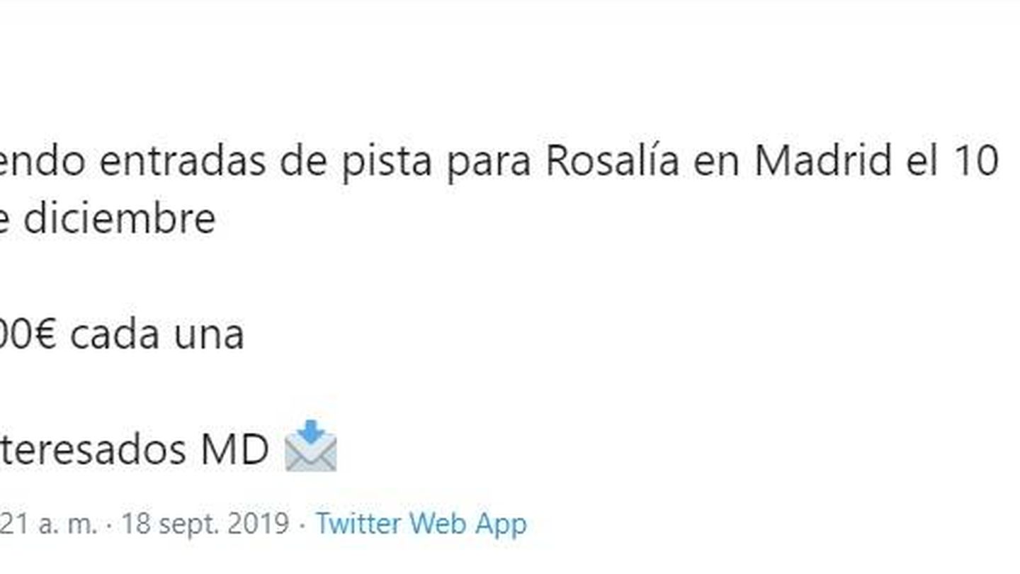 Un tweet que anuncia la reventa de entradas de Rosalía para su concierto en Madrid (Twitter)