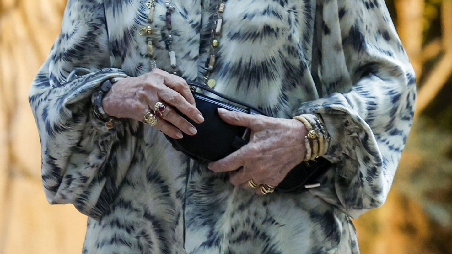 Detalles de las joyas que ha usado doña Sofía en la recepción, con el anillo de compromiso en la mano derecha. (EFE/Ballesteros)