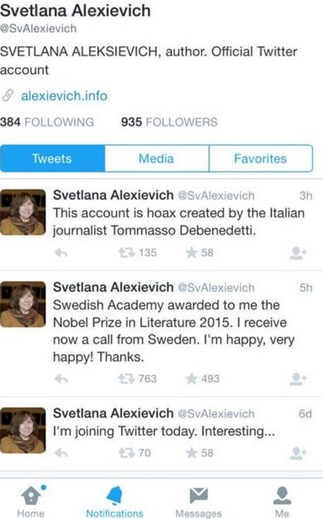 Una falsa Svetlana Alexievich anuncia en 2015 que le entregan el Nobel.