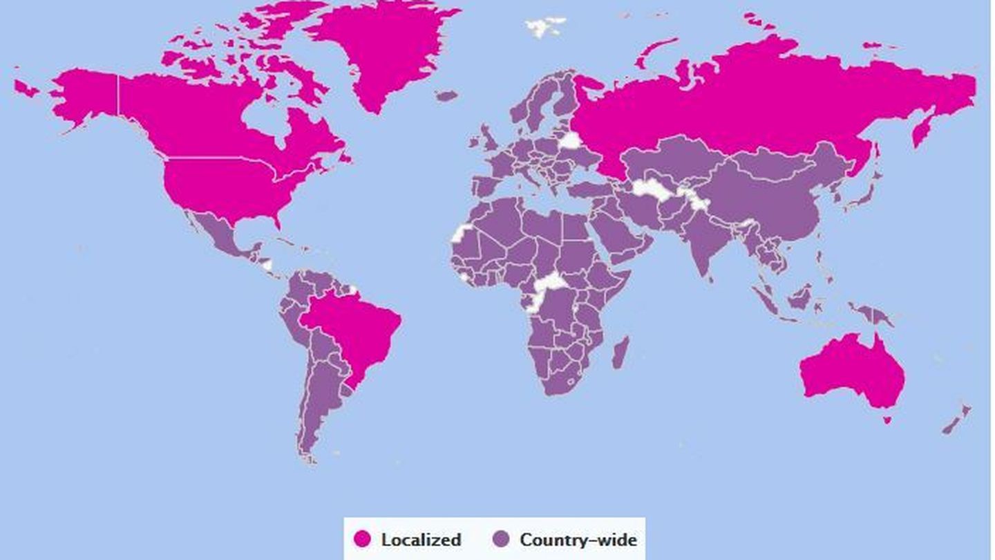 Mapa del cierre de escuelas (total, en morado, o parcial, en fucsia) por coronavirus en el mundo. En blanco, los países donde no se han cerrado, entre ellos, Bielorrusia. (UNESCO)