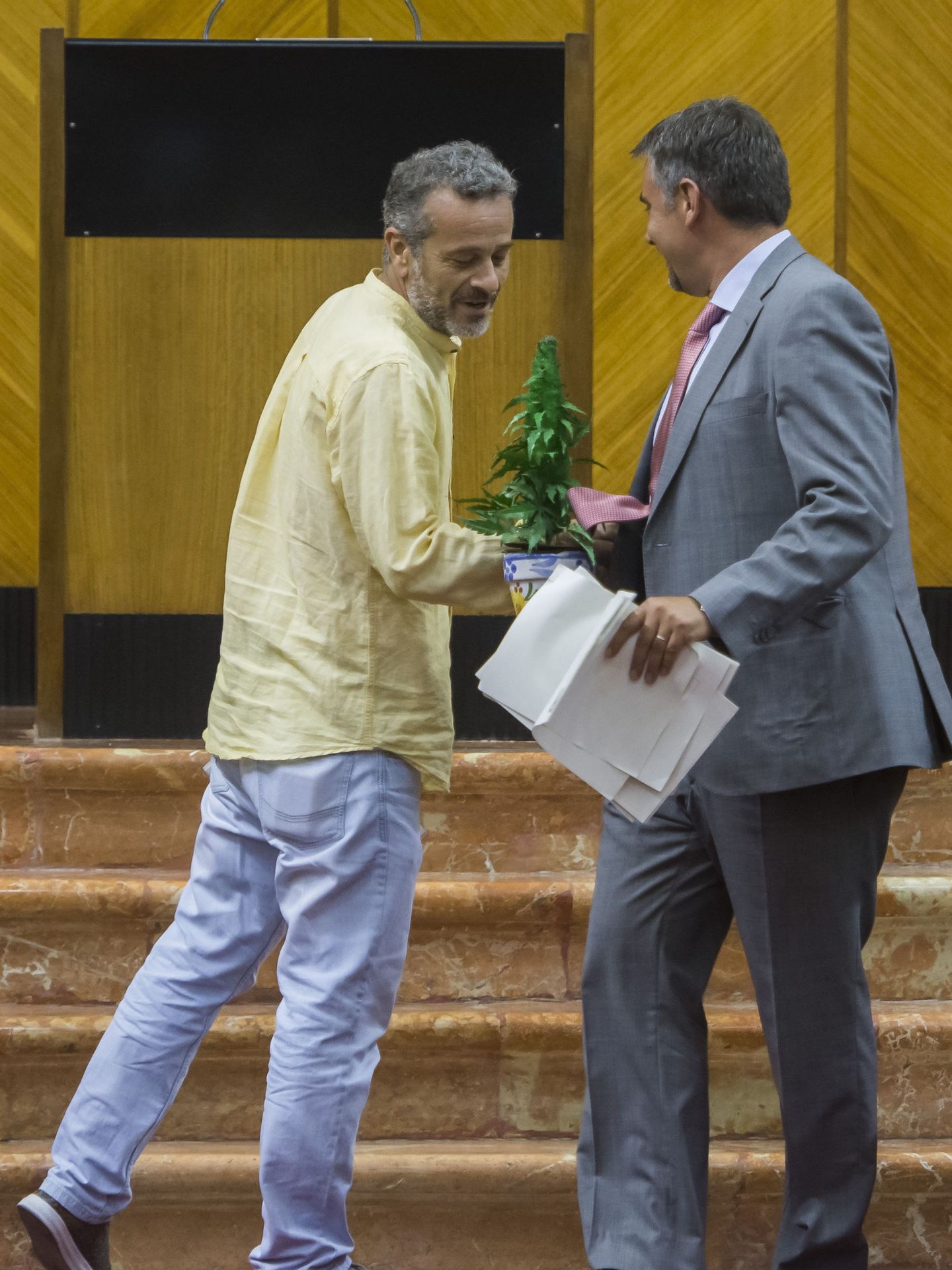 Los exdiputados andaluces José Antonio Castro y Juan Moreno Yagüe, con una planta de marihuana (de plástico) en un debate en el Parlamento andaluz.