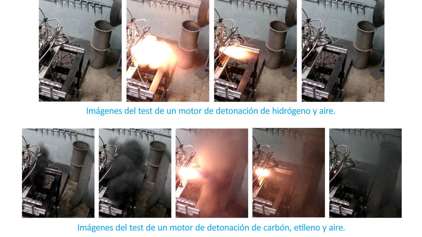 Imágenes de las pruebas de laboratorio del nuevo motor. Arriba, usando hidrógeno como combustible. Debajo, usando una mezcla de carbón y etileno. (Universidad de Nanjing)