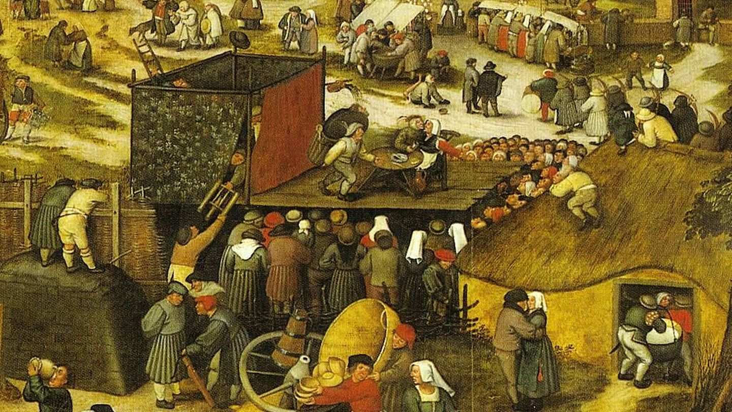 Representación teatral en un mercado medieval. (Wikimedia)