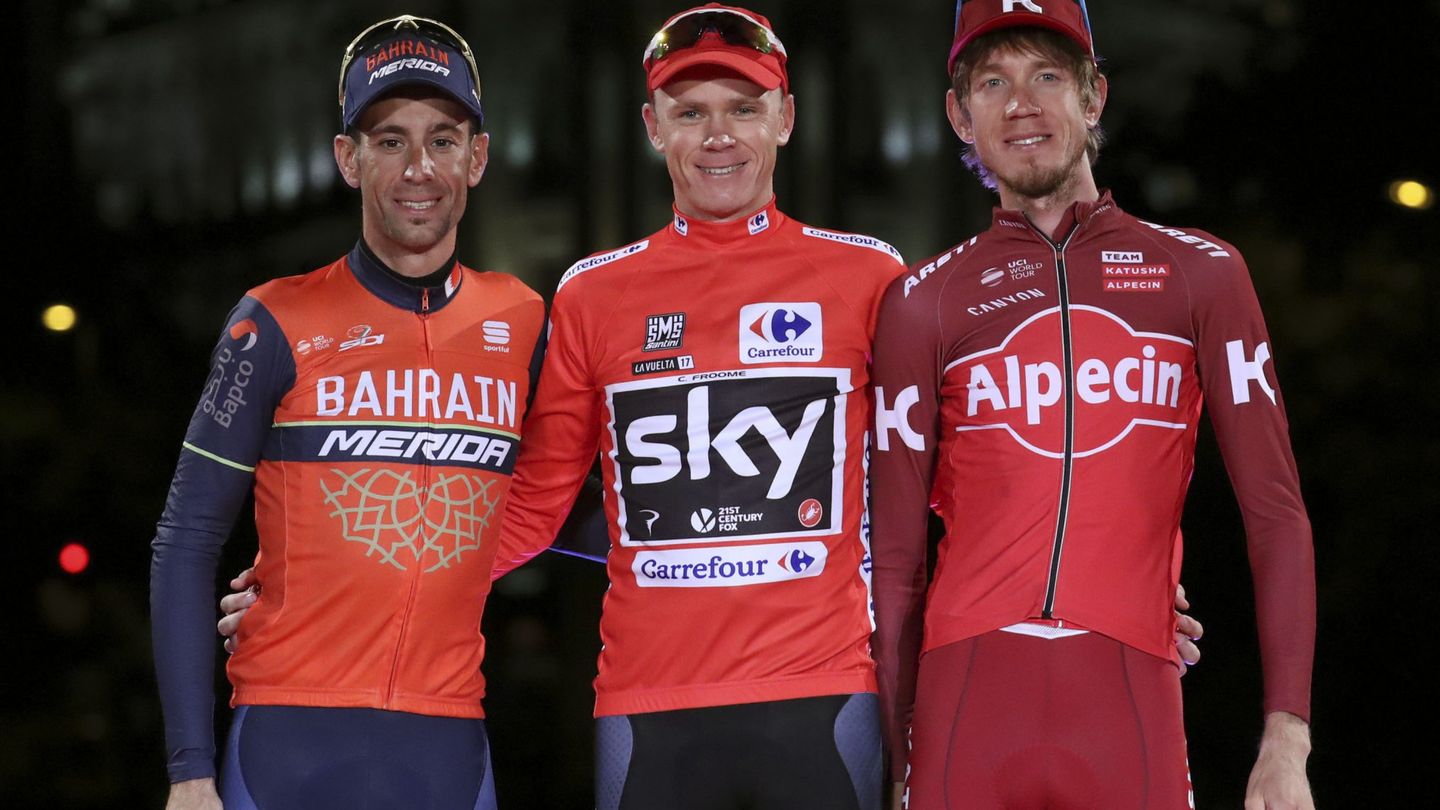 El podio de la Vuelta a España 2017. De izquierda a derecha: Vincenzo Nibali (2º), Chris Froome (1º) e Ilnur Zakarin (3º). (EFE)