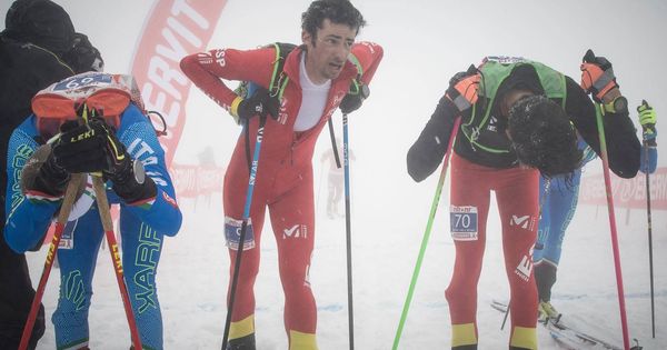 Foto: Kilian Jornet (c) instantes después de proclamarse campeón de Europa de esquí de montaña en modalidad vertical. (ISMF)