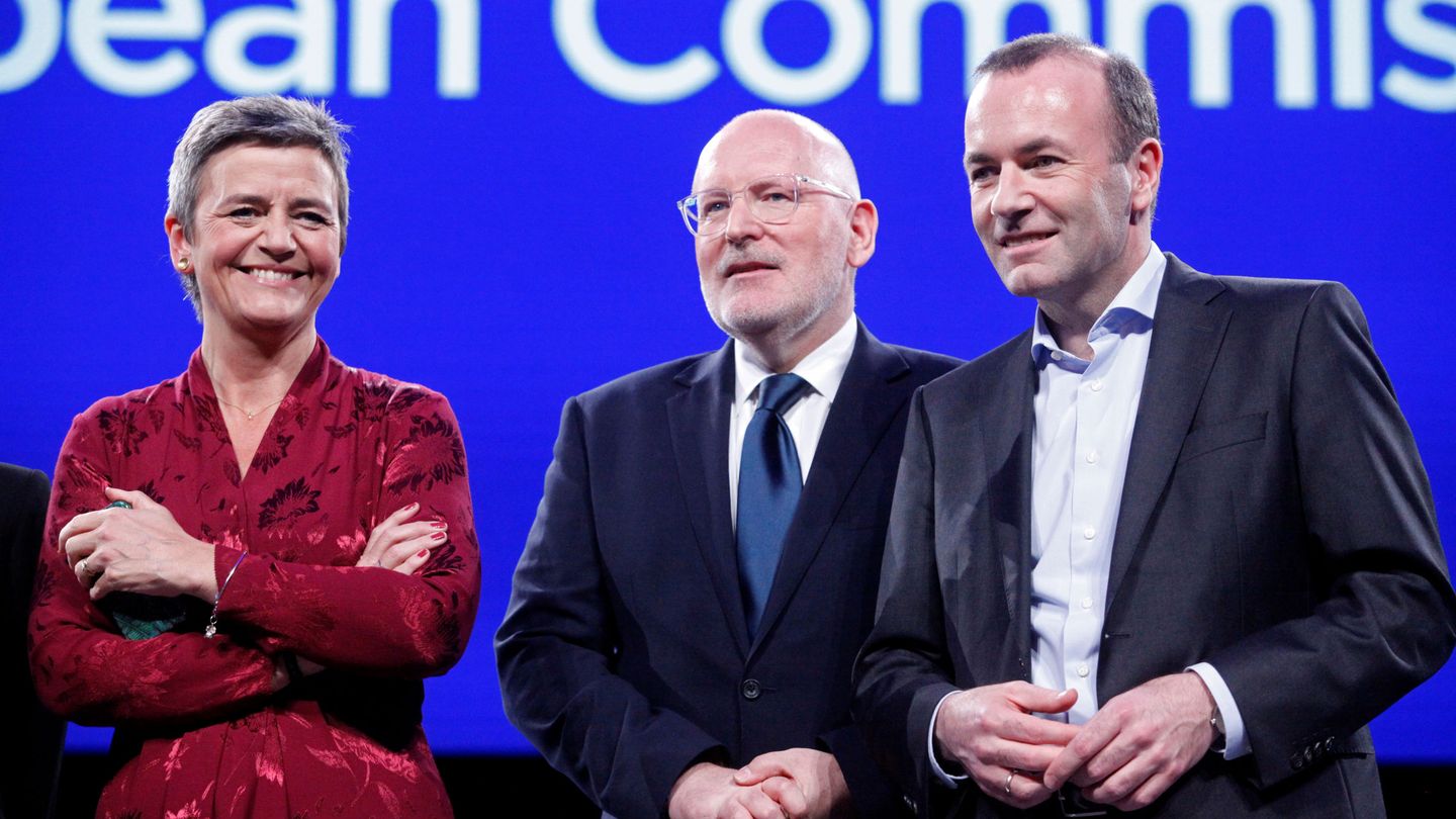 Margrethe Vestager (ALDE), Frans Timmermans (S&D) y Manfred Weber (PPE). (Reuters)