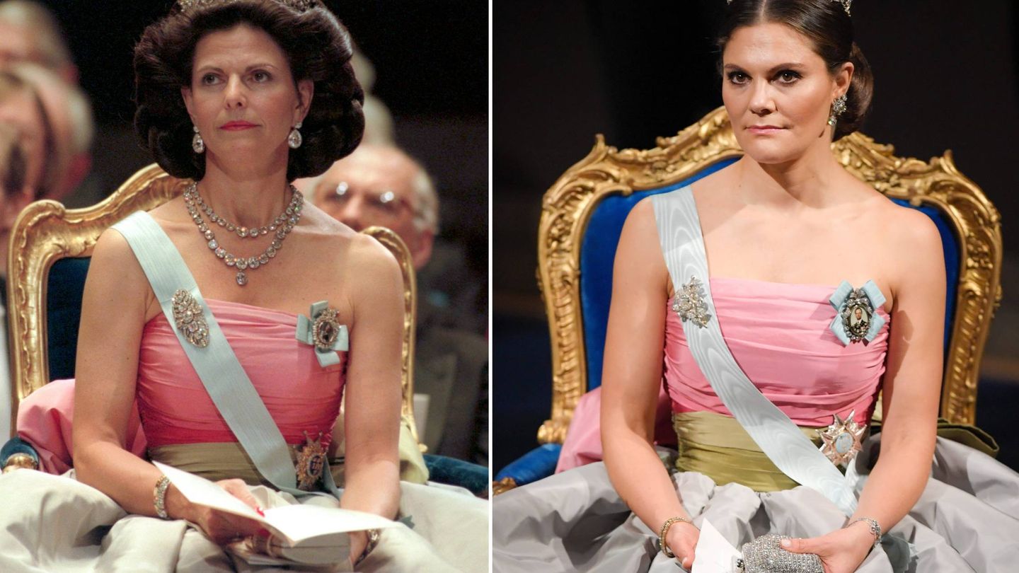 Silvia y Victoria de Suecia con el mismo vestido en 1993 y 1998. (Cordon Press)