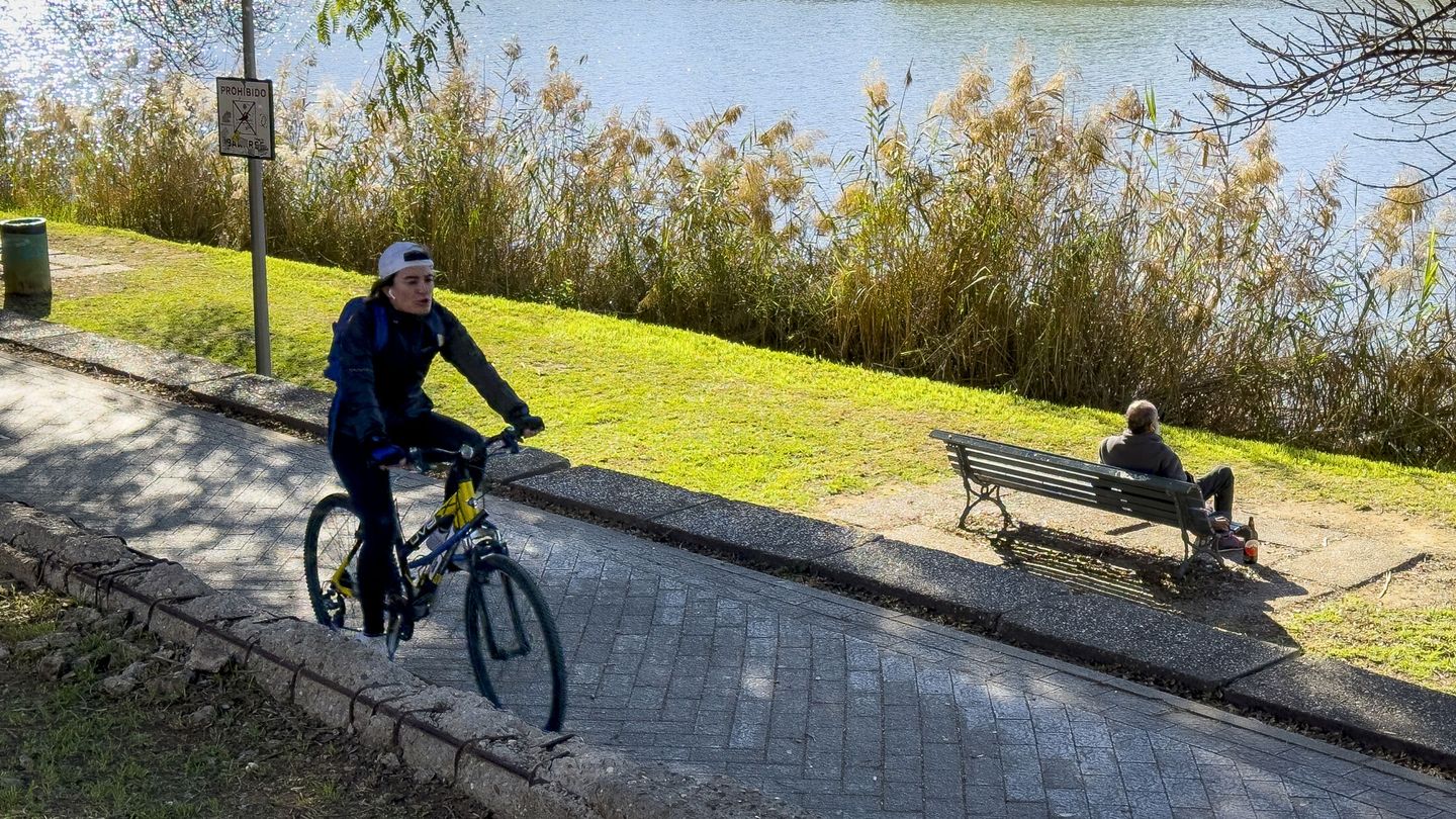 Una persona disfruta haciendo deporte junto a la orilla del río Guadalquivir a su paso por Sevilla. (EFE/David Arjona)