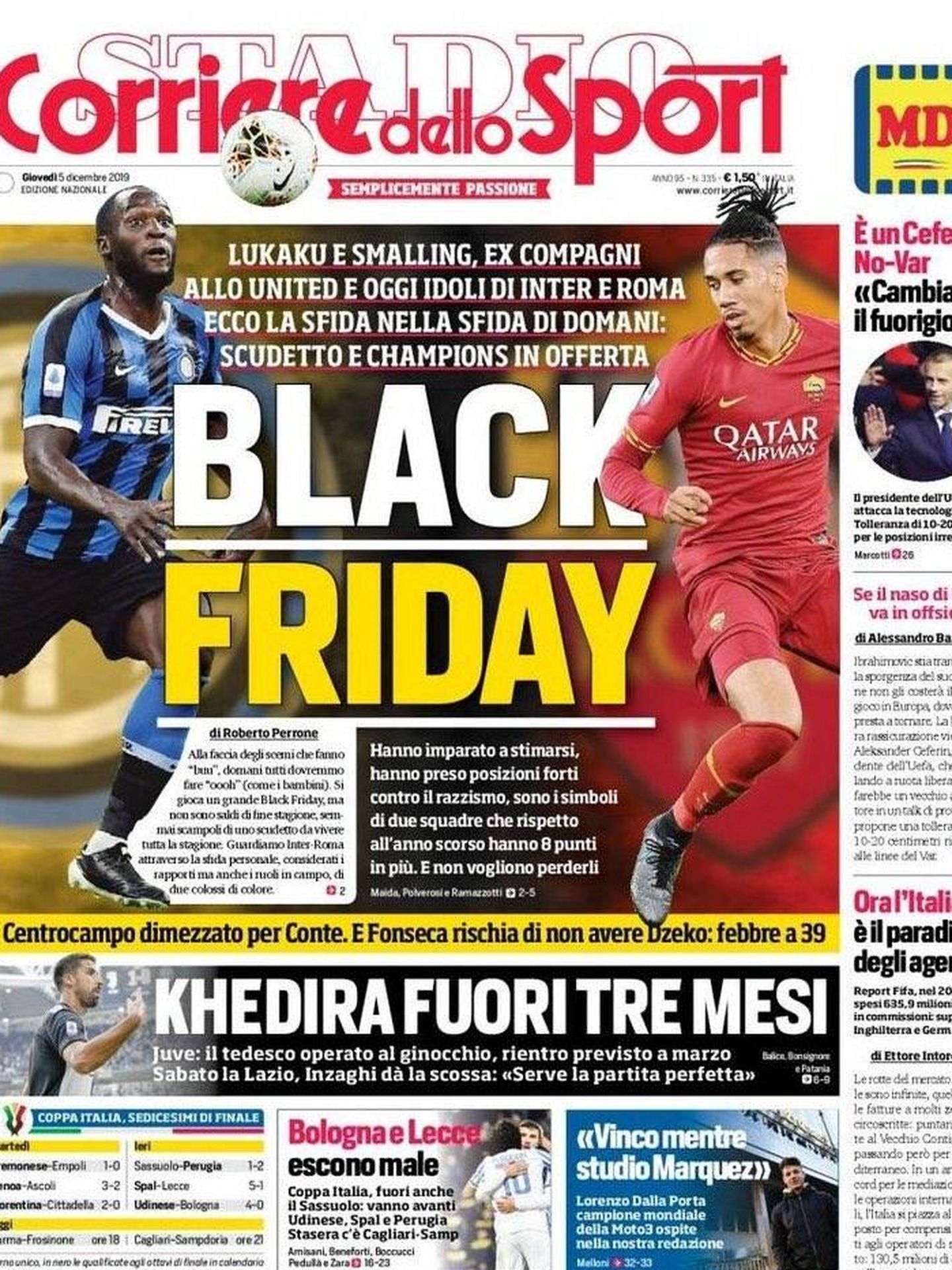 Portada del 'Corriere dello Sport' del 5 de diciembre de 2019.