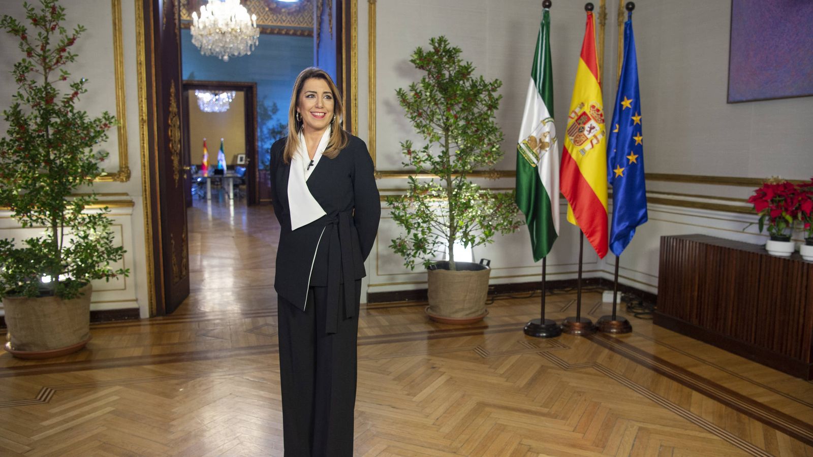 Foto: Susana Díaz, presidenta de la Junta de Andalucía en funciones, en su discurso de Fin de Año en el Palacio de San Telmo. 