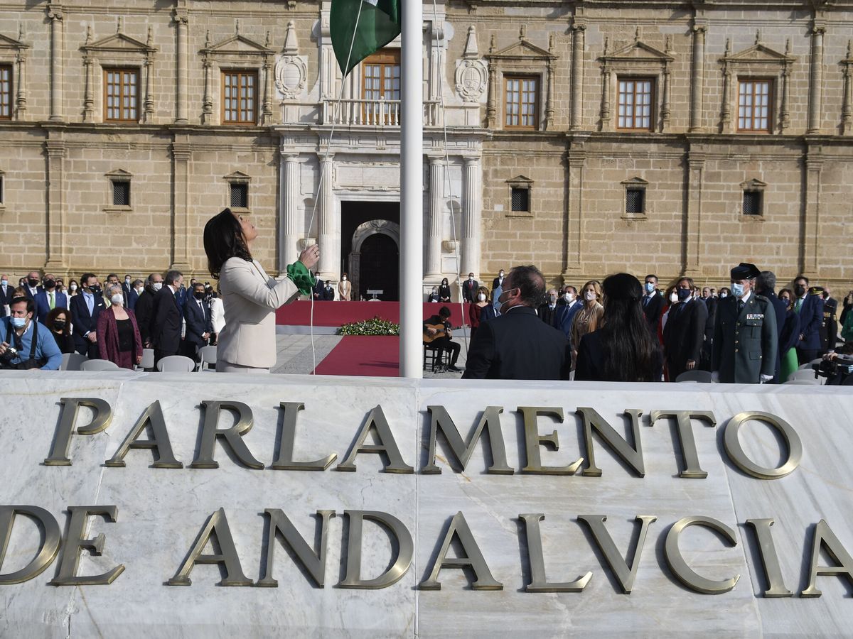 Foto: La presidenta de la Cámara, Marta Bosquet, iza la bandera de Andalucía en el Parlamento regional. (EFE/Raúl Caro)