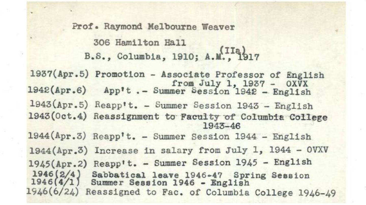 Archivo mecanografiado sobre Weaver. (Archivo de la Universidad de Columbia)