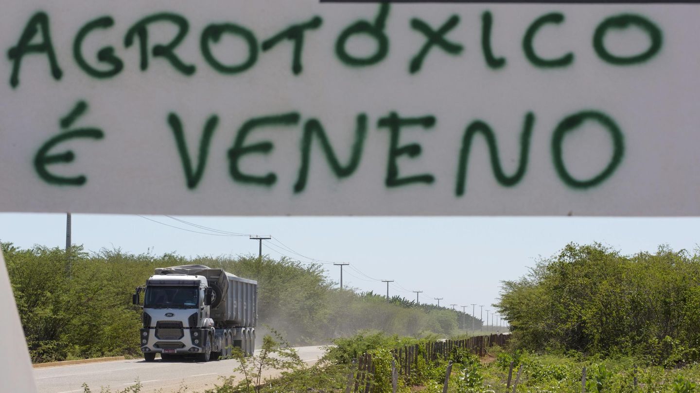 Un camión circula en Brasil en una carretera donde se puede leer u cartel con el siguiente mensaje: 'Los pesticidas son veneno'. Foto: Reuters.