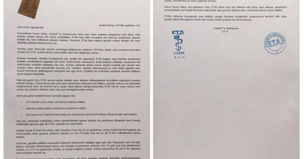 Foto: La carta fechada el 16 de abril con la que la organización terrorista ETA ha anunciado su disolución. 
