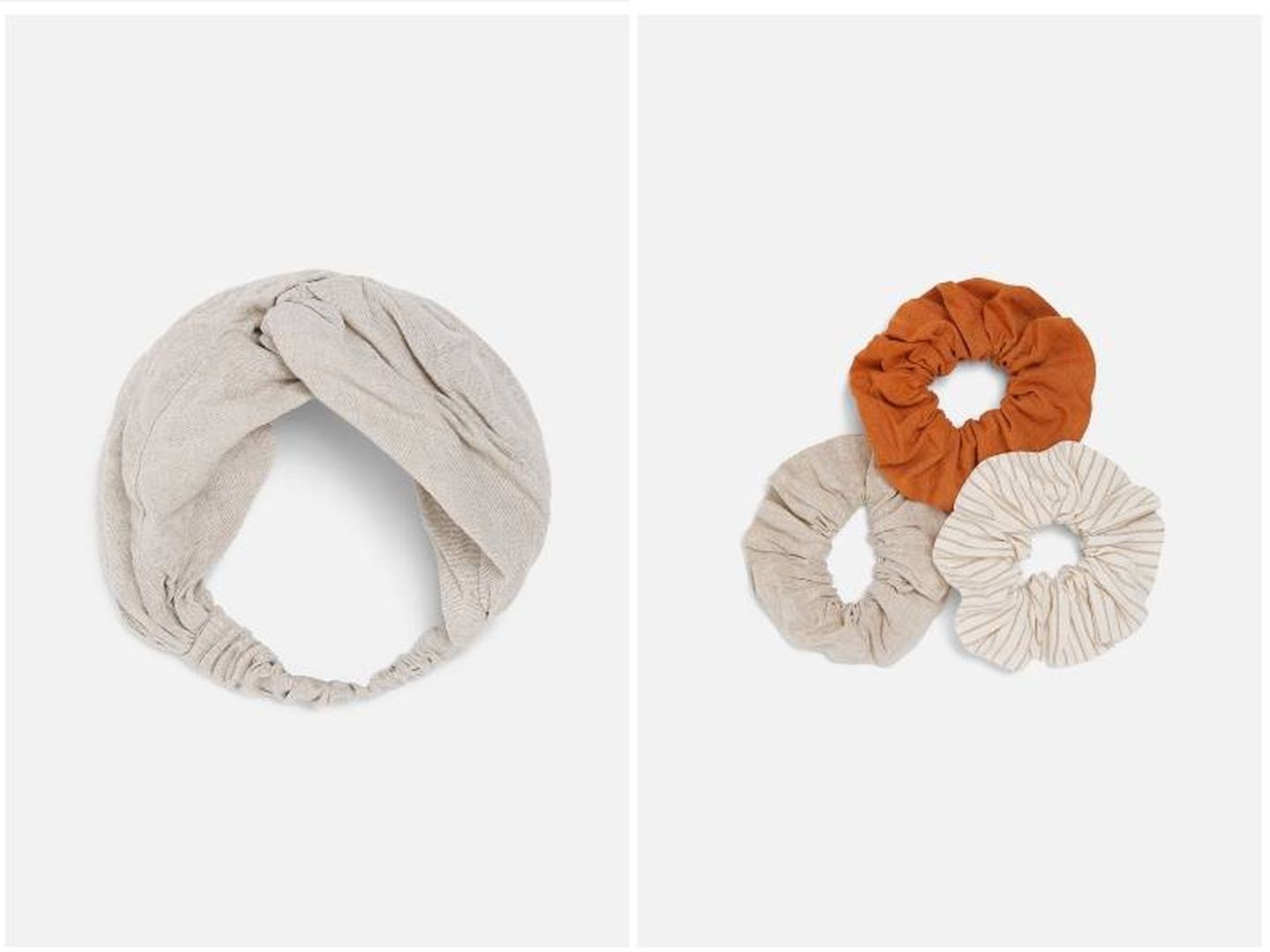 Coleteros de lino y algodón (el pack de tres) y la diadema en el mismo tejido (ambas 7,95 euros).