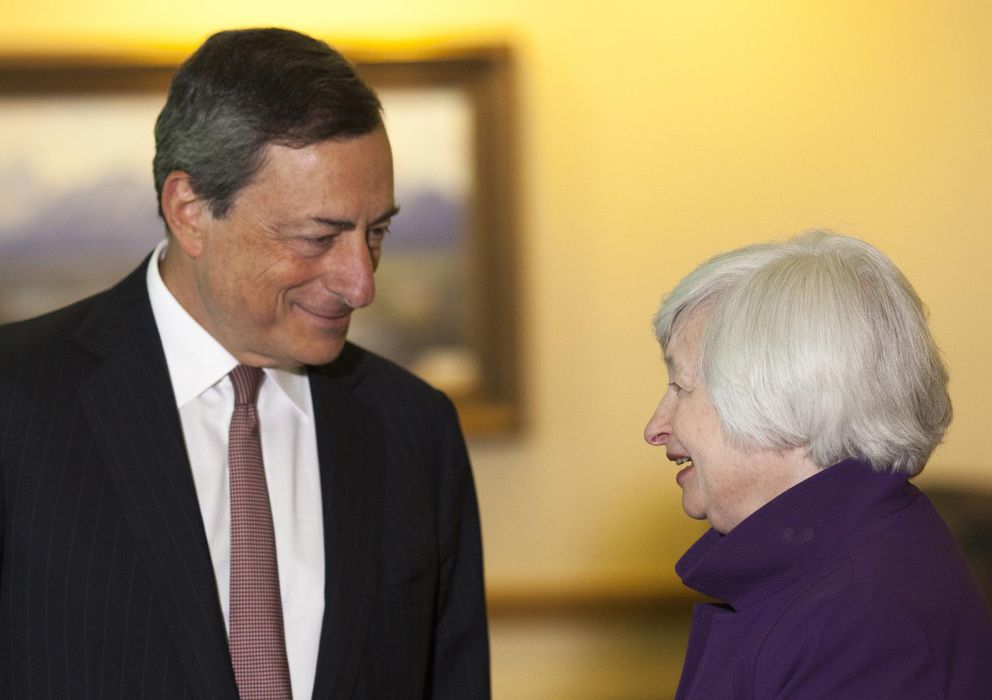 Foto: El presidente del BCE, Mario Draghi, y la presidenta de la Fed, Janet Yellen, durante el simposio de Jackson Hole en agosto