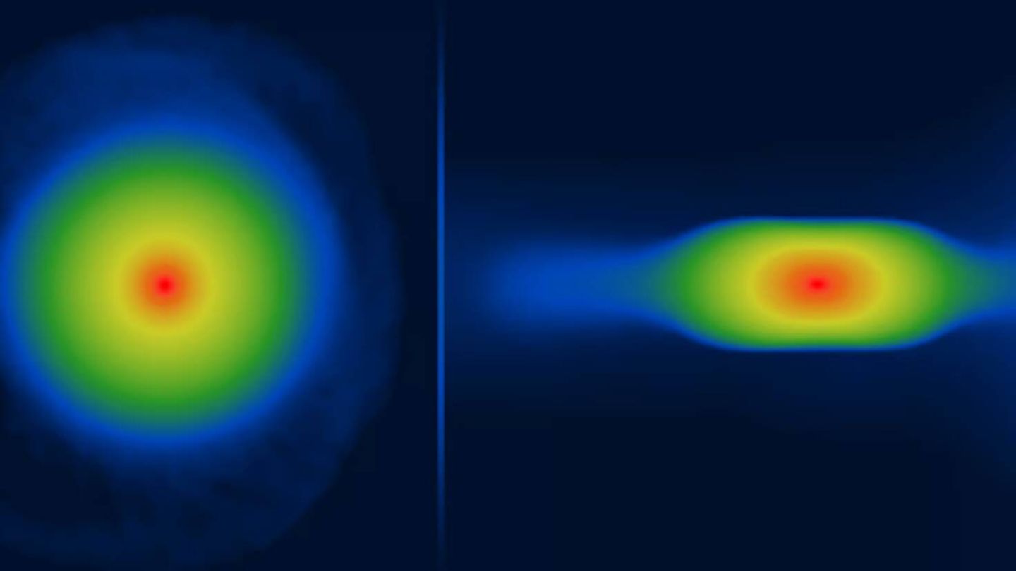 Simulación de un planeta joven visto desde arriba (izquierda) y desde un lado. (UCLan)