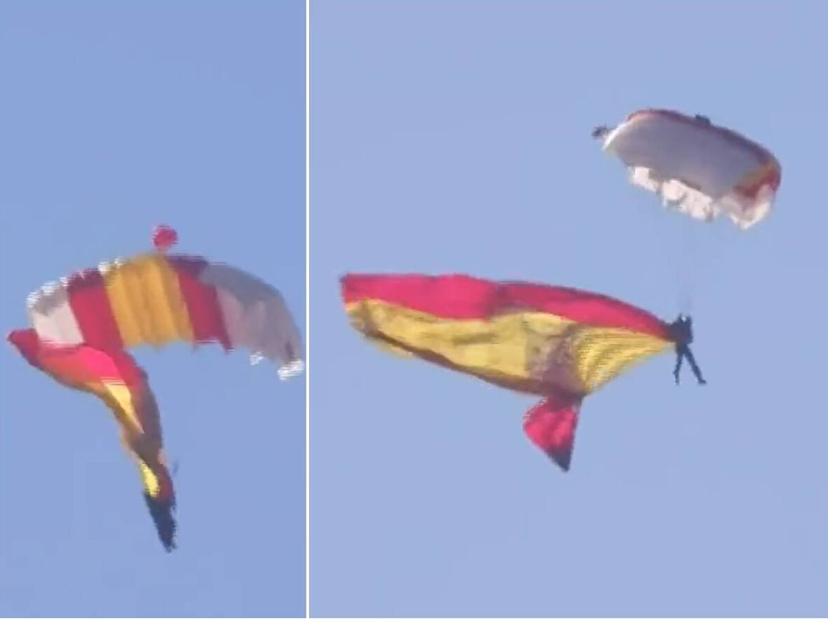 Foto: El momento del salto paracaidista para desplegar la bandera de España en el cielo de Madrid (Twitter)