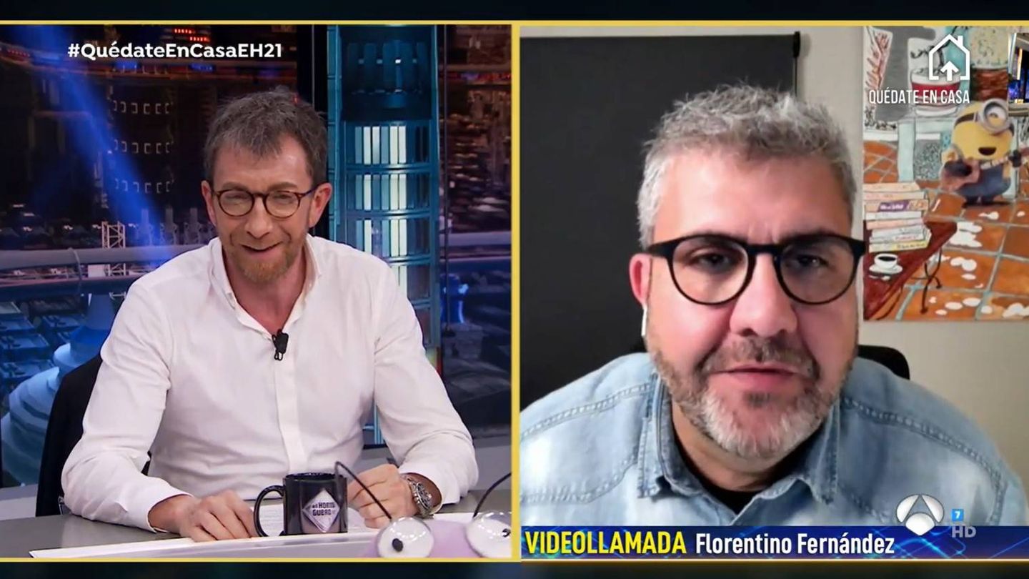 Pablo Motos, en videollamada con Florentino Fernández. (Atresmedia)