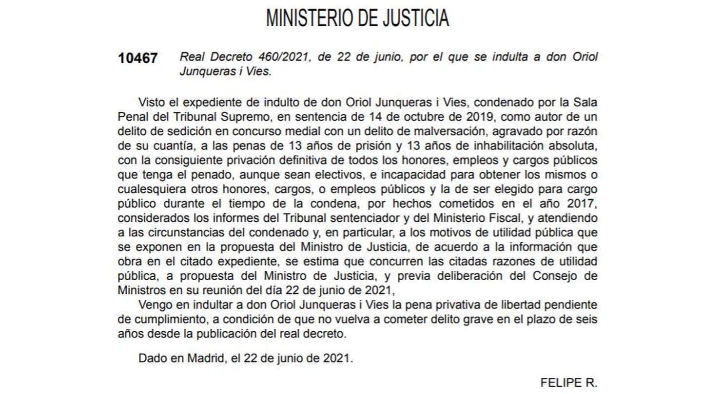 Real Decreto que indulta a Oriol Junqueras (BOE). Clique para ampliar.
