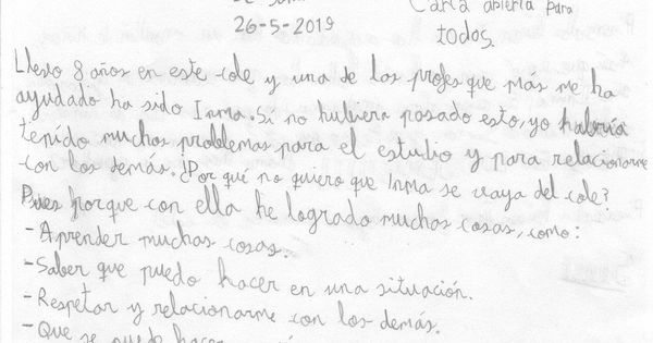 Foto: La carta de Sami a su director para que no prescinda de su profesora Inma