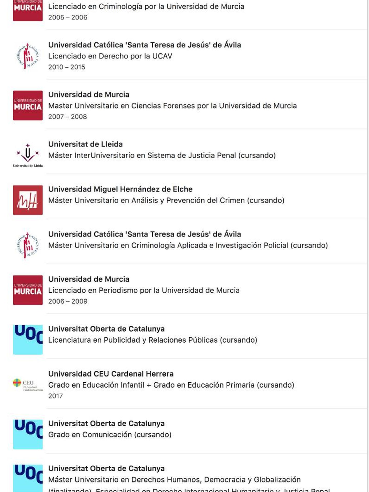 El listado de grados y másteres cursados o 'en proceso' de Emilio Argüeso en su perfil de LinkedIn.