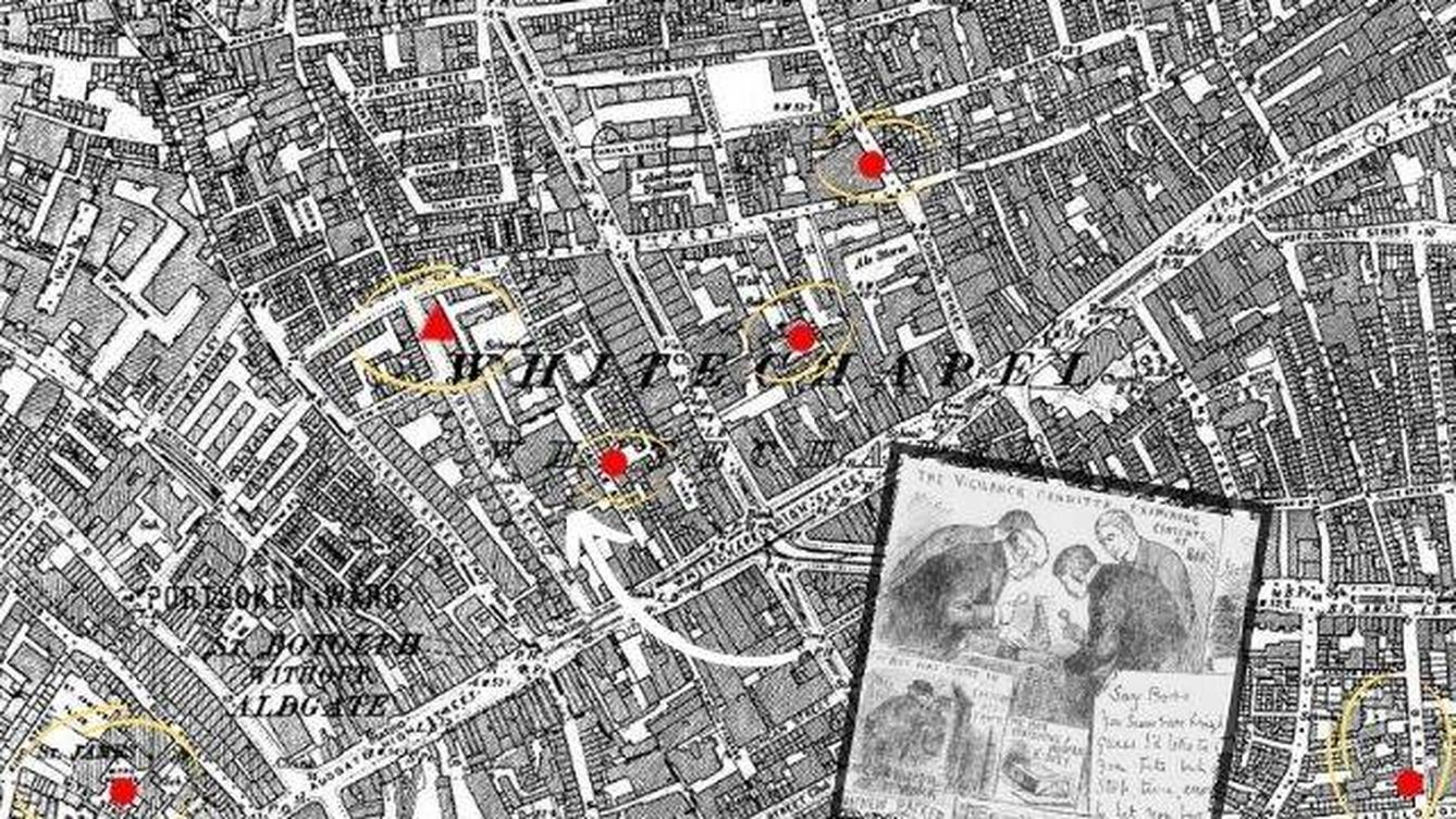 Mapa de los crímenes de Whitechapel del Comité de vigilancia: puntos en los que hallaron a las víctimas. Foto: Fuente propia/CC