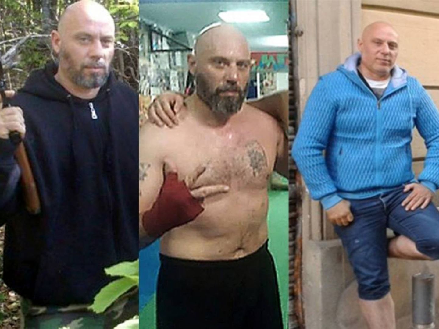 Jivko Ivanov posando en la milicia, en un gimnasio y trabajando para Desokupa. (directa.cat)