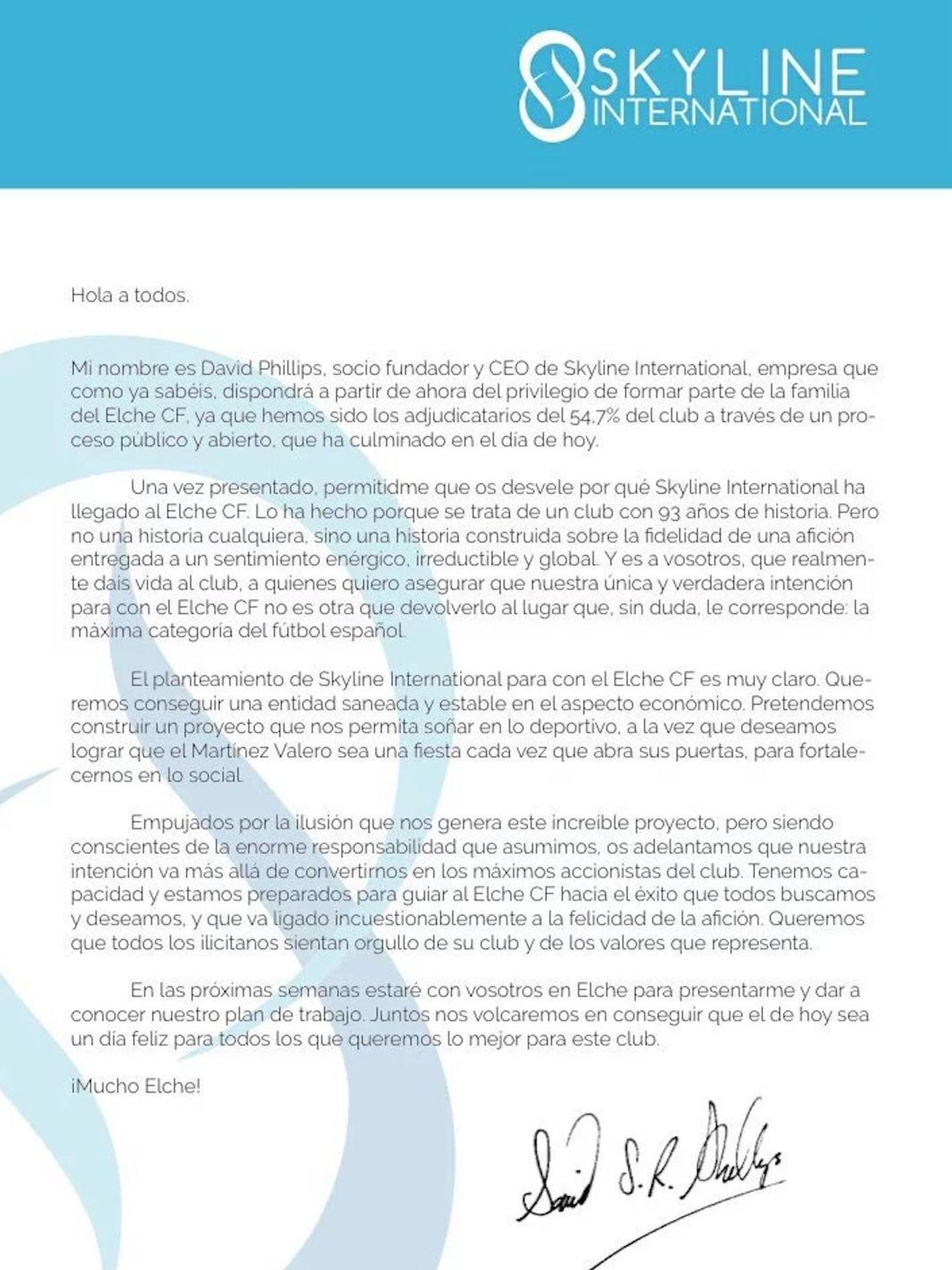 La carta que Phillips ha enviado a aficionados y medios de comunicación.