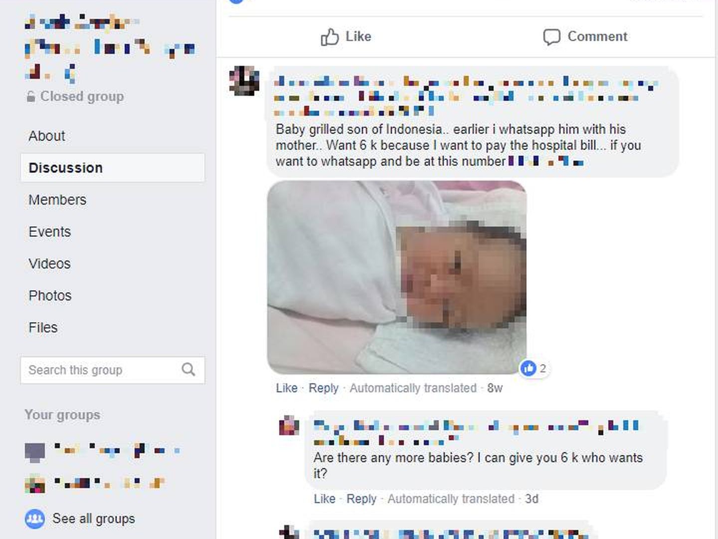 Captura de pantalla de una página real de Facebook donde se comercia con bebés