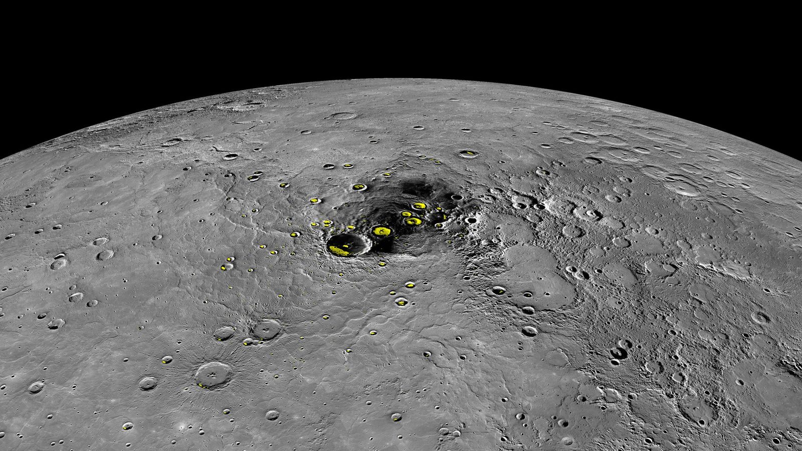 Foto: El polo norte de Mercurio (las zonas amarillas son agua helada)