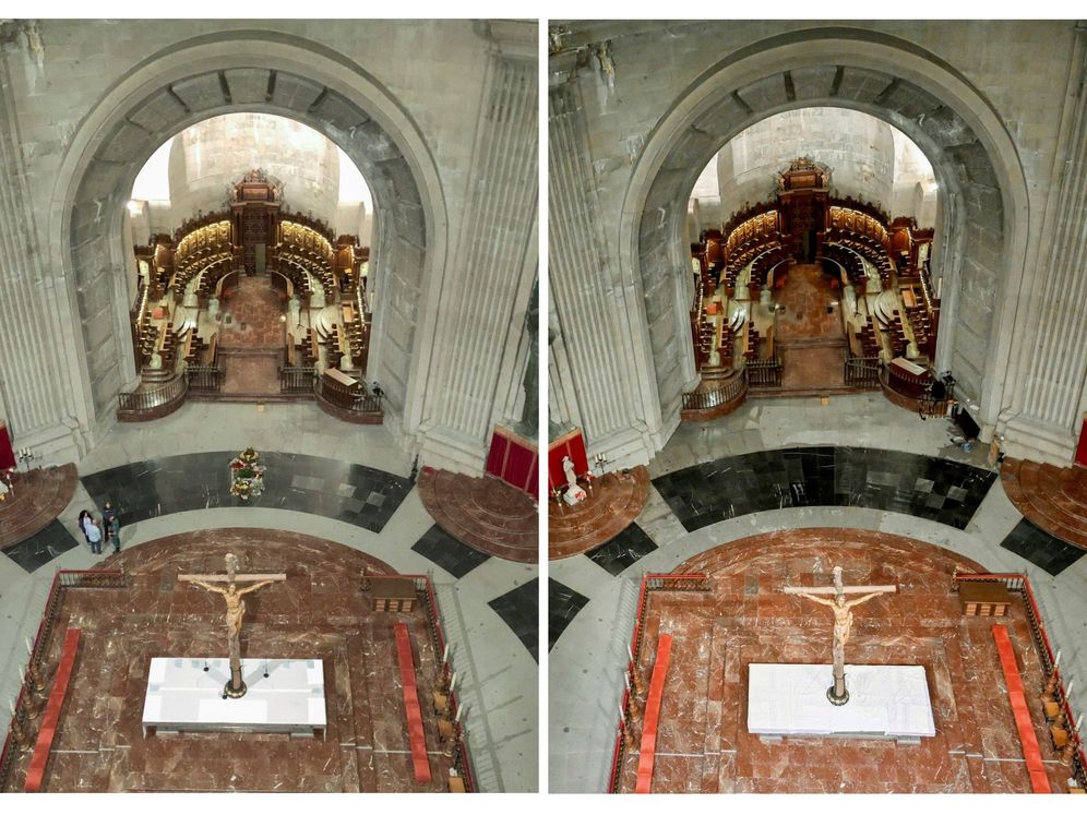Foto: El presbiterio de la basílica del Valle de los Caídos, antes y después de la exhumación de Francisco Franco. (Moncloa)