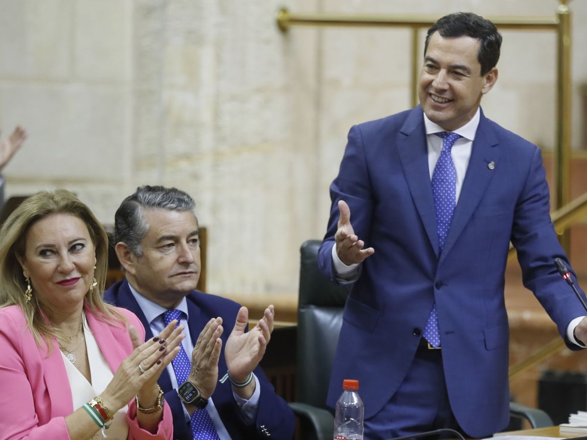 Foto: El presidente de la Junta de Andalucía, Juanma Moreno, durante un Pleno celebrado en el Parlamento de Andalucía. (EFE/José Manuel Vidal)