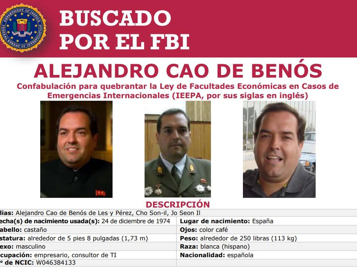 Orden de búsqueda y captura de Alejandro Cao de Benós. (FBI)