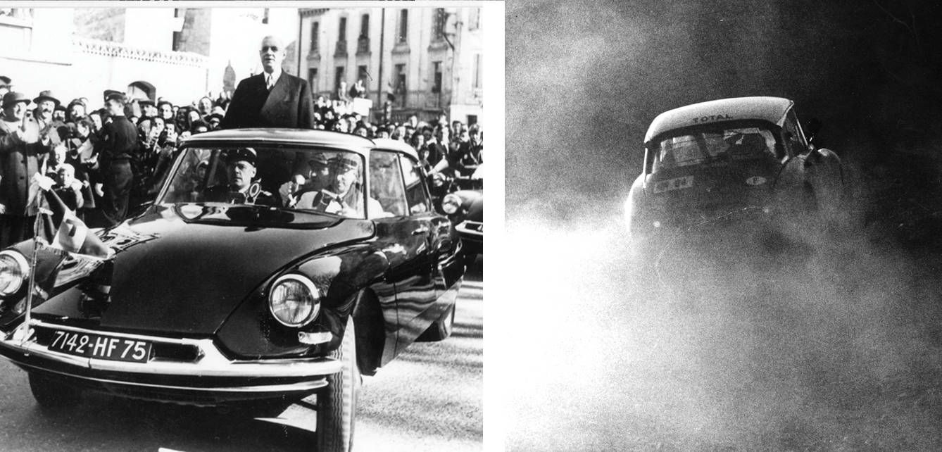 En 1962, De Gaulle (imagen izquierda) salvó la vida gracias a la suspensión hidráulica de su DS 19. A la derecha, momento del DS antes de ganar uno de los dos Rallyes de Montecarlo, en 1959 y 1966.