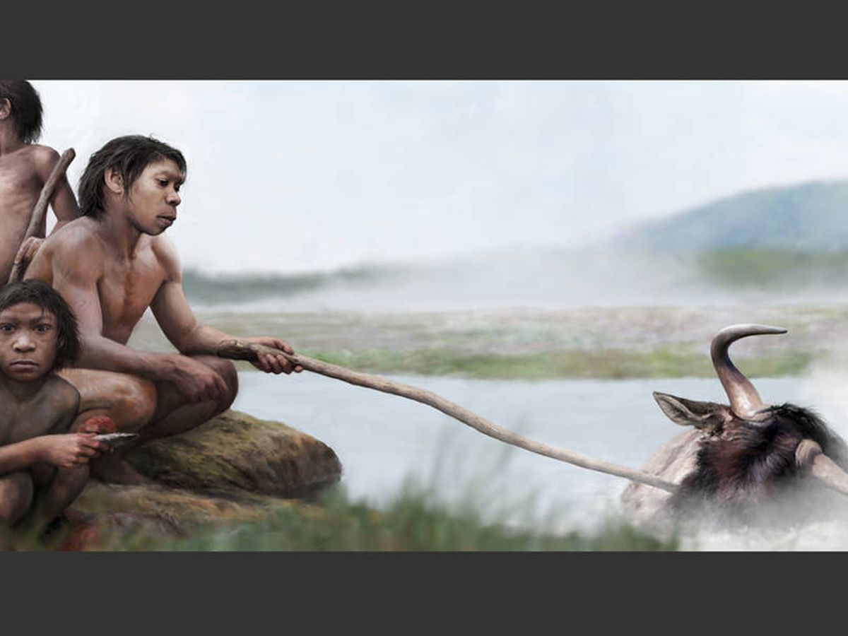 Foto: Recreación de antiguos humanos cocinando un ñu en aguas termales. Foto: MIT
