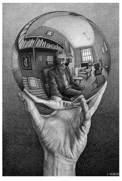 'Mano con esfera reflectante', litografía realizada en 1935, una de las obras más populares de Escher.