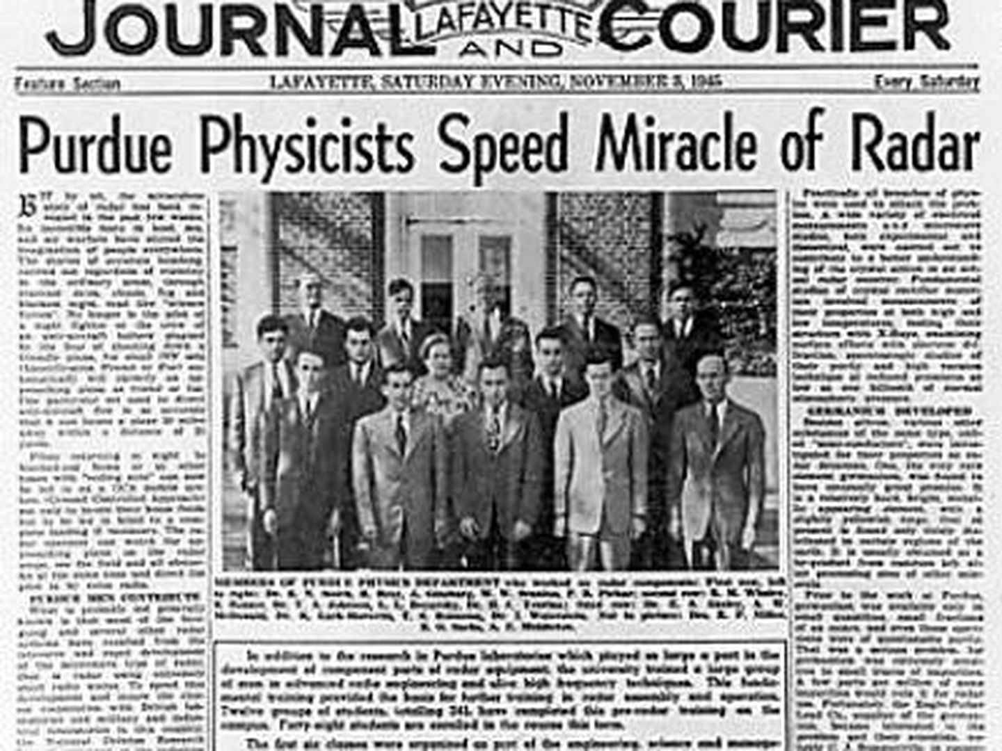El 'Lafayette Journal and Courier' del 3 de noviembre de 1945 rinde homenaje al desarrollo del radar llevado a cabo en


la Universidad de Purdue (Ralph Bray)