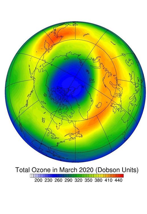 El agujero de la capa de ozono sobre el Ártico en marzo de 2020. Foto: Yan Xia
