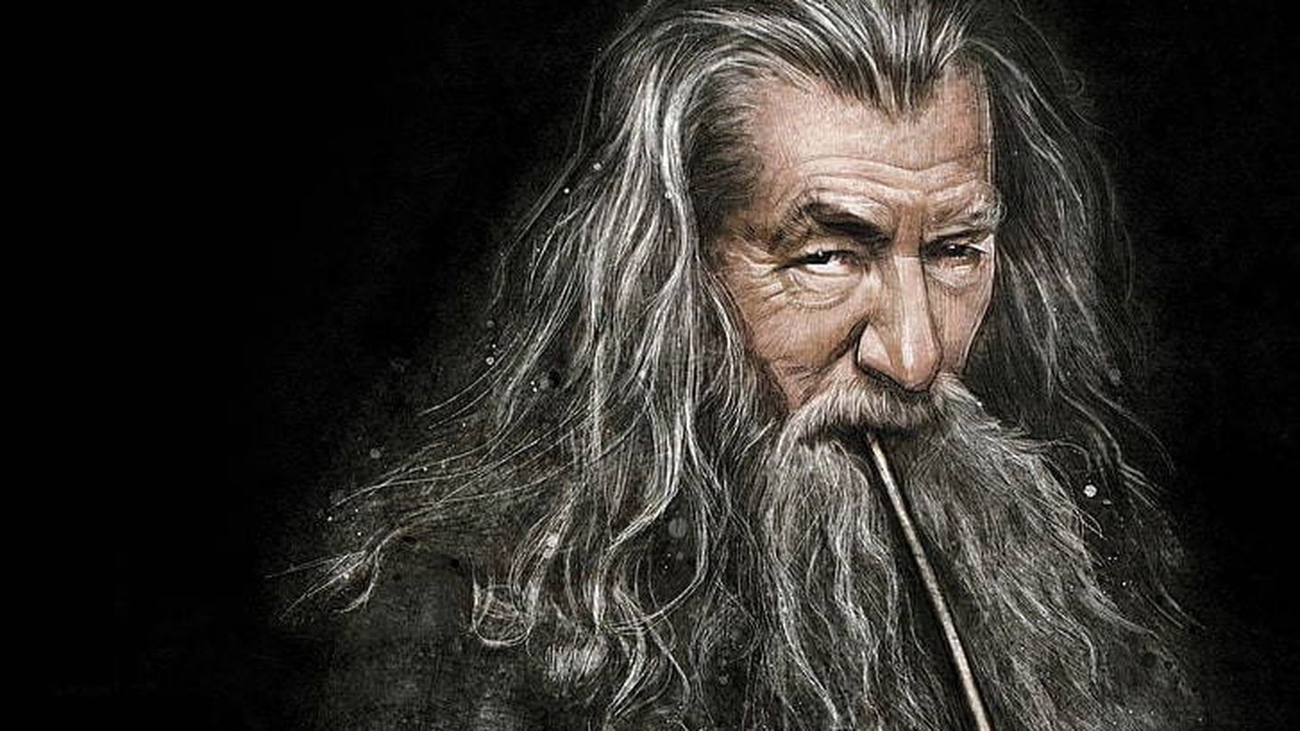 Imagen promocional de 'El Señor de los Anillos' en la que Gandalf fuma con mirada penetrante. 