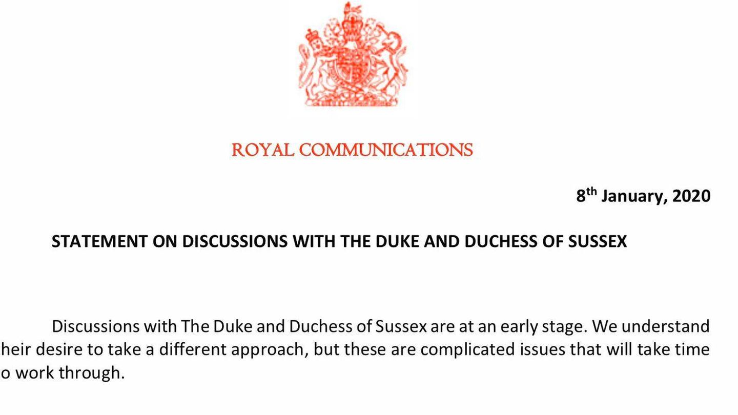 Declaración emitida por Buckingham Palace sobre la decisión de los duques de Sussex. (Royal House)
